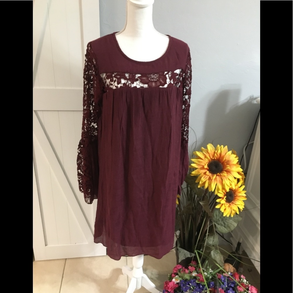 Burgundy, BoHo bell sleeves, shift dress